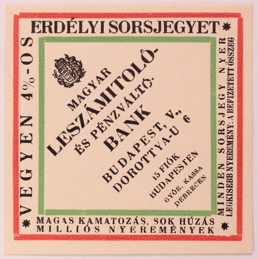 Leszámitoló Bank ,Erdélyi sorsjegy
